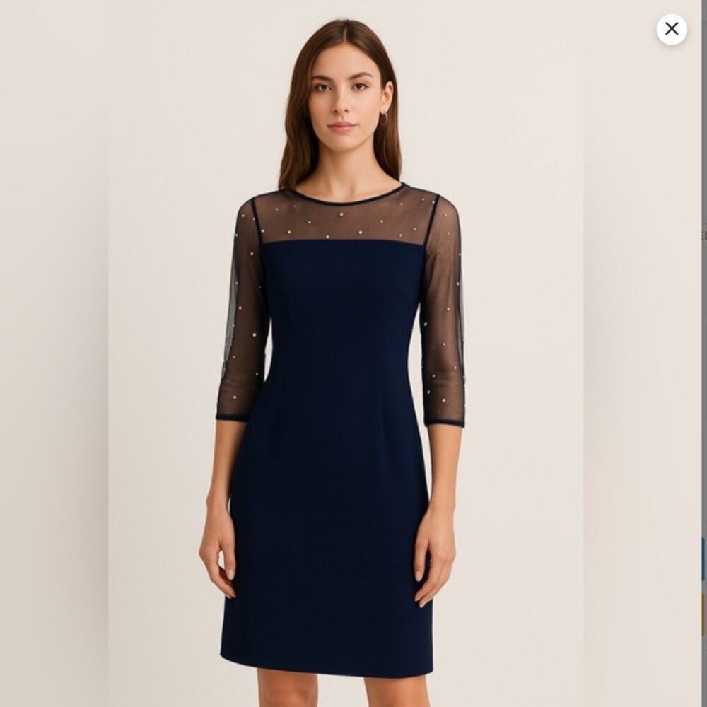Karl Lagerfeld Cocktail Dress Ilussion Neckline Pearl Embellished Size 8 Blue - Picture 2 of 15